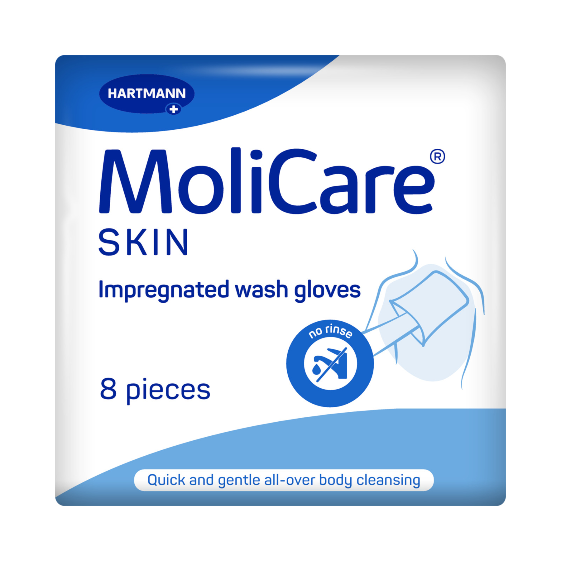 Full view of MoliCare Skin wash glove packaging highlighting key features: pH-balanced, contains aloe vera, and suitable for gentle all-over body cleansing.