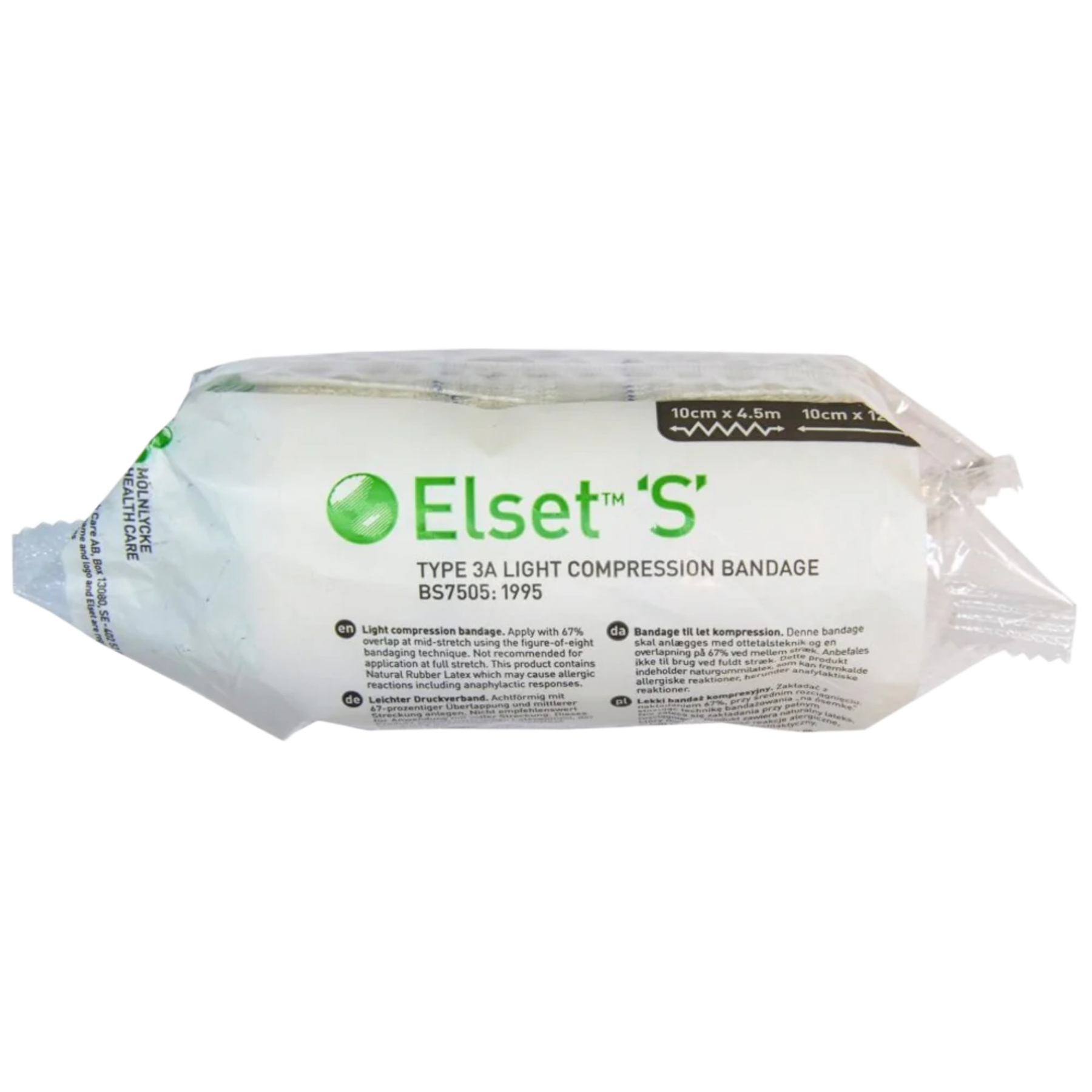 Packaging for a Mölnlycke Elset ‘S’ Type 3A Light Compression Bandage, size 10cm x 4.5m, including application instructions for figure-of-eight technique.
