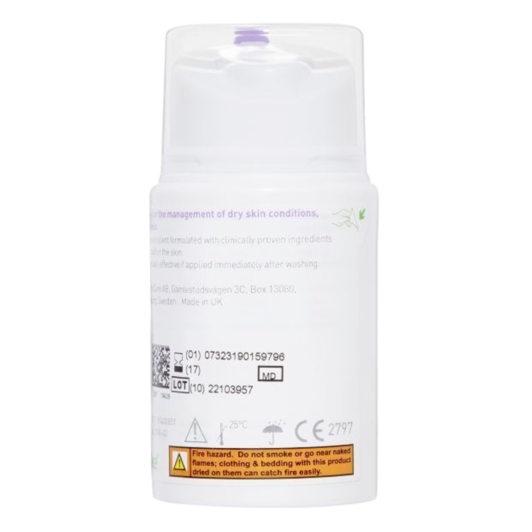 Back label of Epaderm Cream 50g showing Molnlycke, barcode, lot number, CE mark, and warnings.
