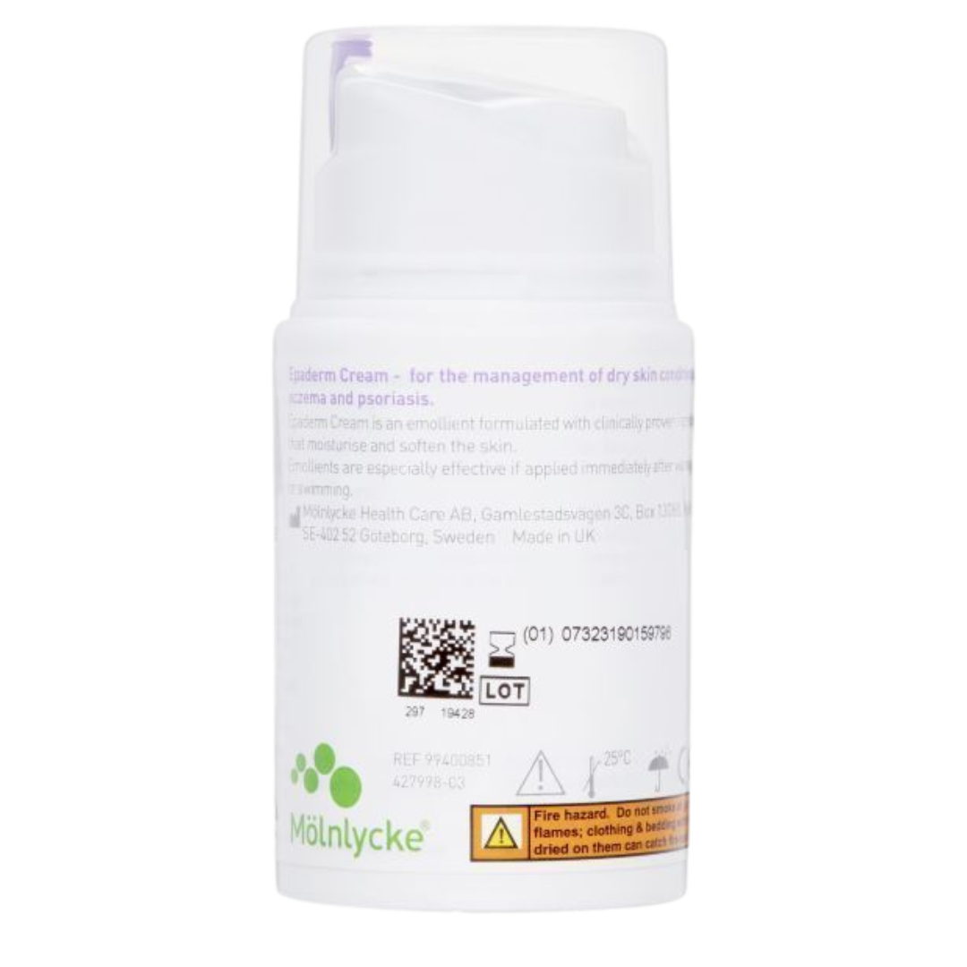 Back label of Epaderm Cream 50g showing Molnlycke, barcode, lot number, CE mark, and warnings.
