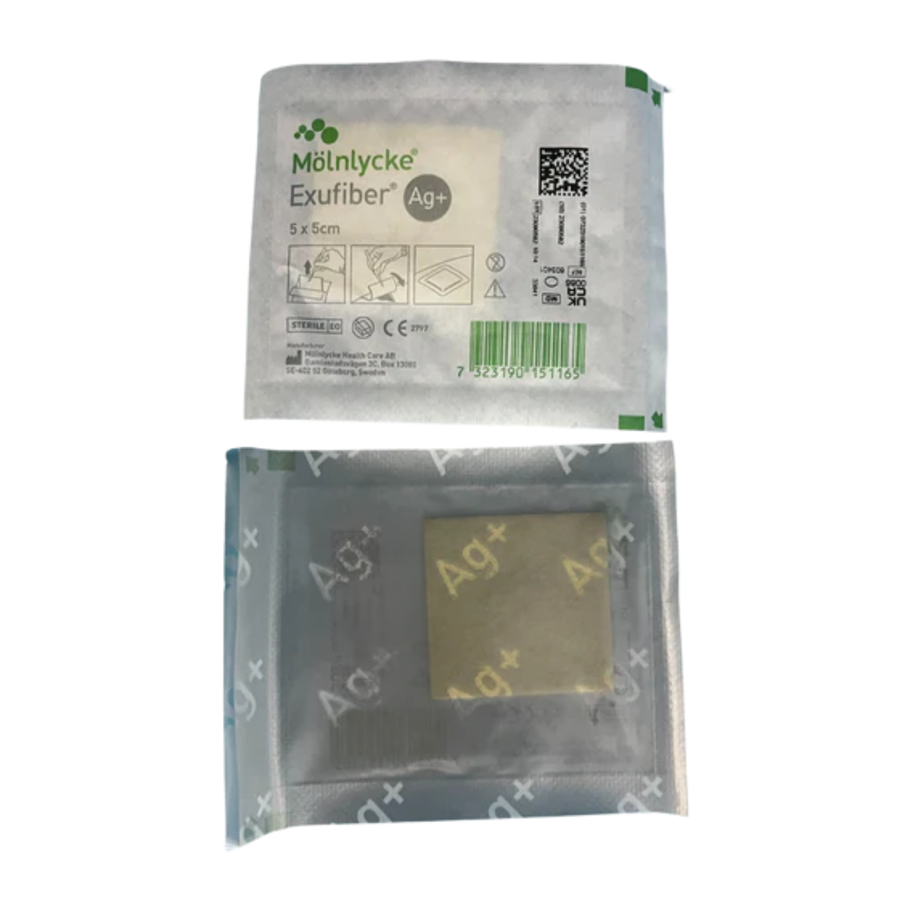 Mölnlycke Exufiber Ag+ antimicrobial silver gelling fiber dressing, 5x5 cm size, shown in its sterile packaging and individual unit.