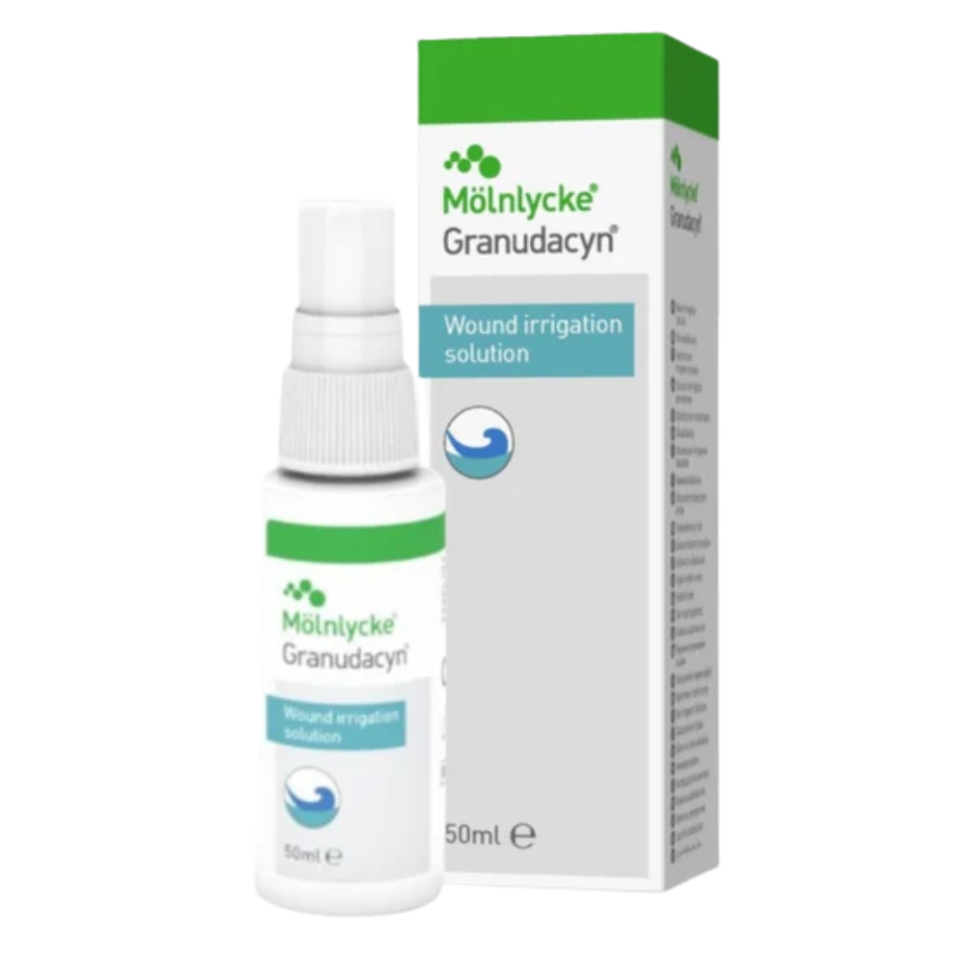 The Mölnycke Granudacyn Wound Irrigation Solution 50ml spray bottle next to its retail box packaging.