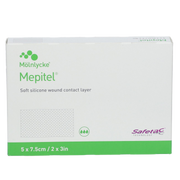 Front view of Mölnlycke Mepitel dressing box, size 5 x 7.5 cm (2 x 3 in).