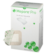 Molnlycke Mepore Pro adhesive absorbent dressing, size 9x15 cm, sterile wound dressing with soft adhesive border and absorbent pad for secure coverage.
