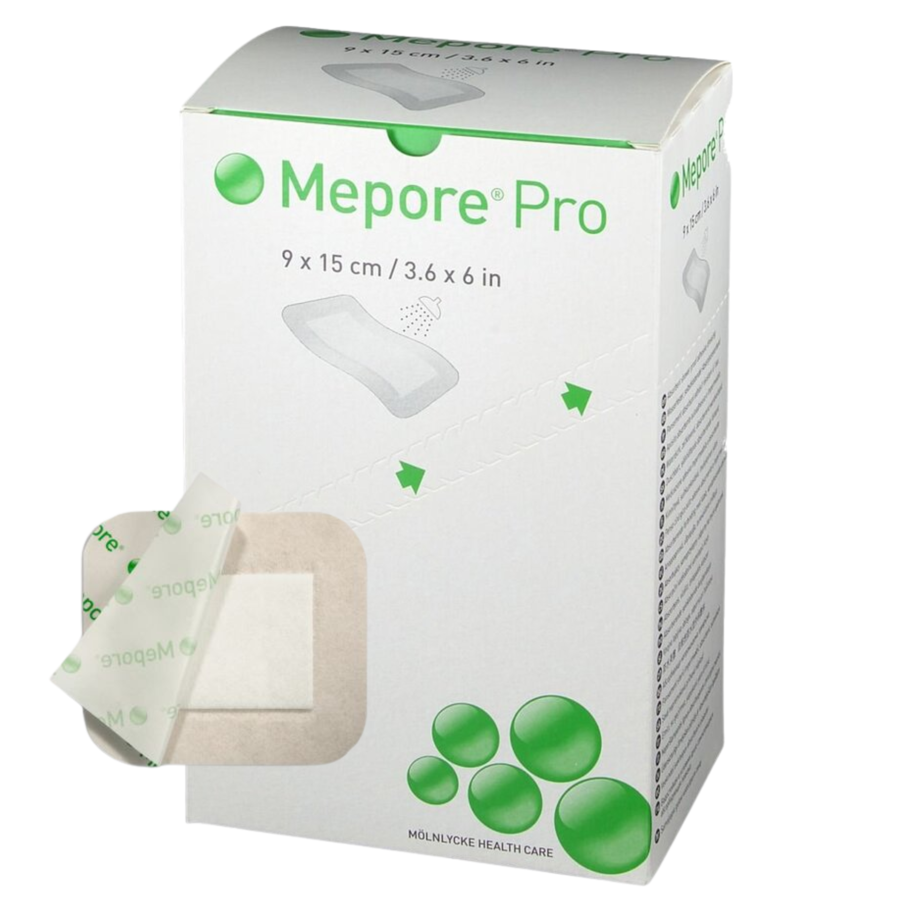 Molnlycke Mepore Pro adhesive absorbent dressing, size 9x15 cm, sterile wound dressing with soft adhesive border and absorbent pad for secure coverage.
