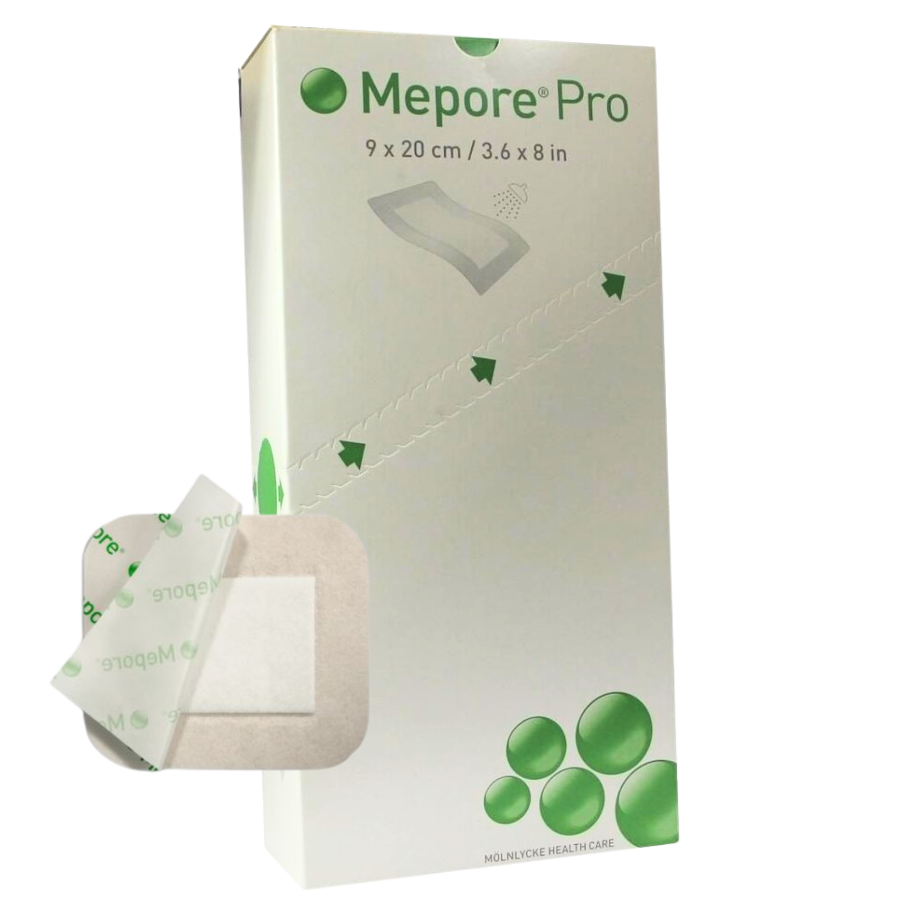 Molnlycke Mepore Pro adhesive absorbent dressing, size 9x20 cm, sterile wound dressing with soft adhesive border and absorbent pad for secure coverage.
