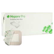 Molnlycke Mepore Pro adhesive absorbent dressing, size 9x25 cm, sterile wound dressing with soft adhesive border and absorbent pad for secure coverage.
