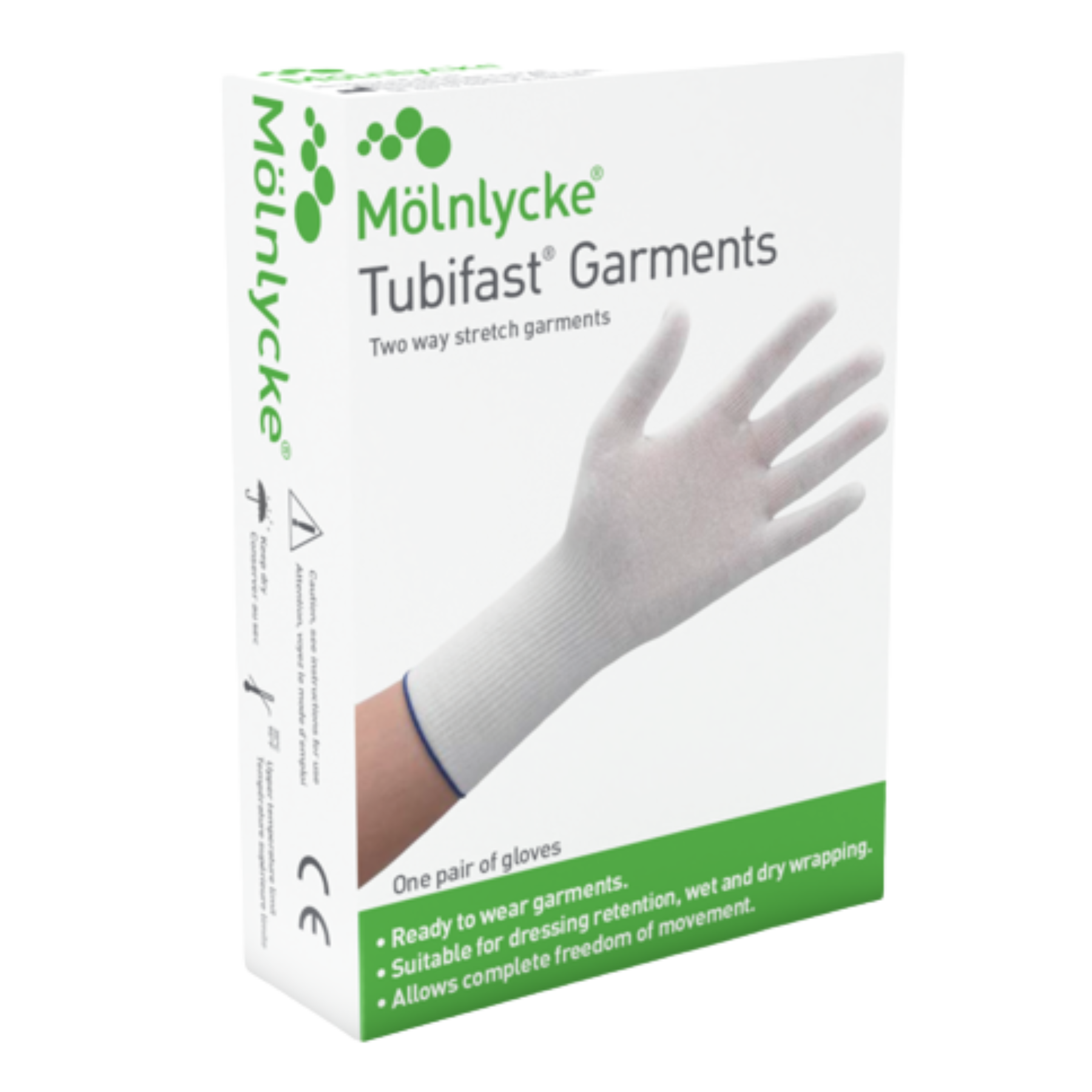 Retail packaging for Mölnlycke Tubifast Garments containing one pair of gloves. The box lists benefits such as "ready to wear" and "suitable for dressing retention.