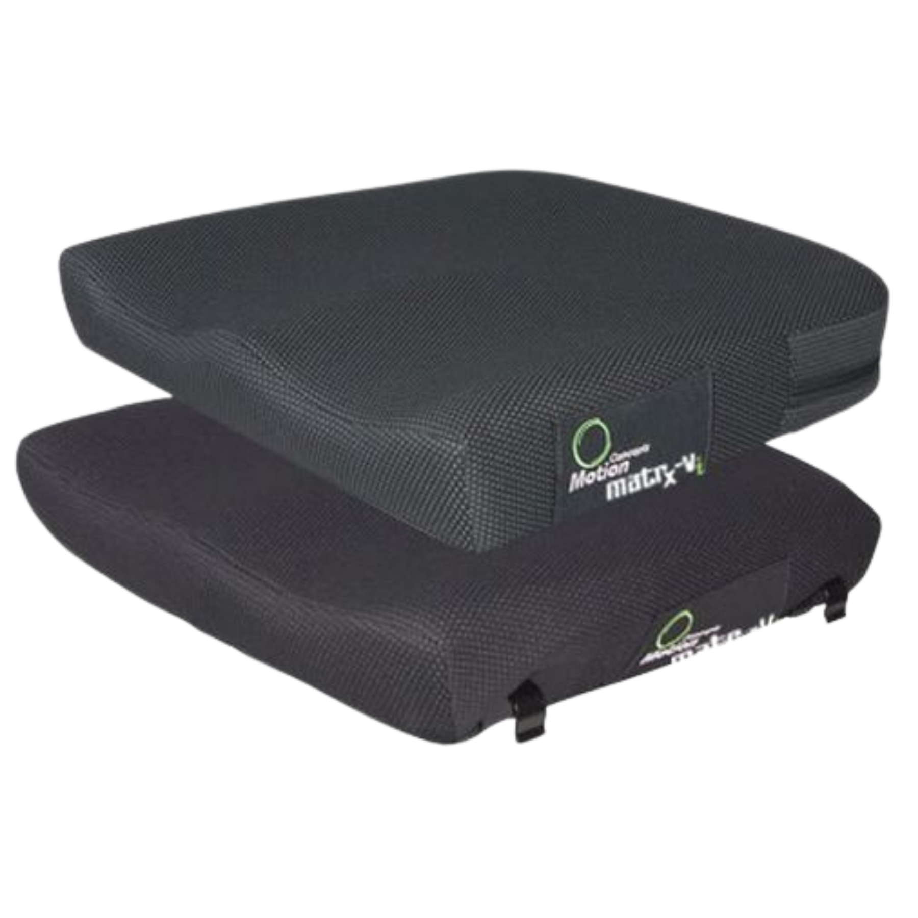 A stack of two Motion Concepts Matrx Vi wheelchair cushions, displaying the contoured seat surface and the branded logo on the front edge of the black mesh covers.
