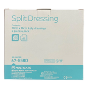 Bulk packaging box of Multigate Split Dressings, re-order code 67-558D, containing 30 packs of 2 sterile dressings.