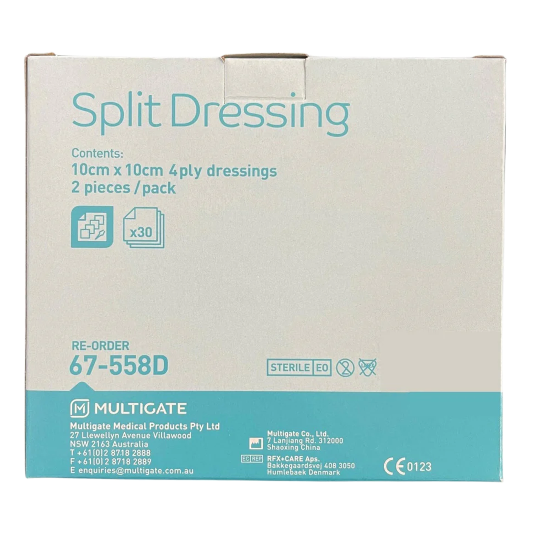 Bulk packaging box of Multigate Split Dressings, re-order code 67-558D, containing 30 packs of 2 sterile dressings.