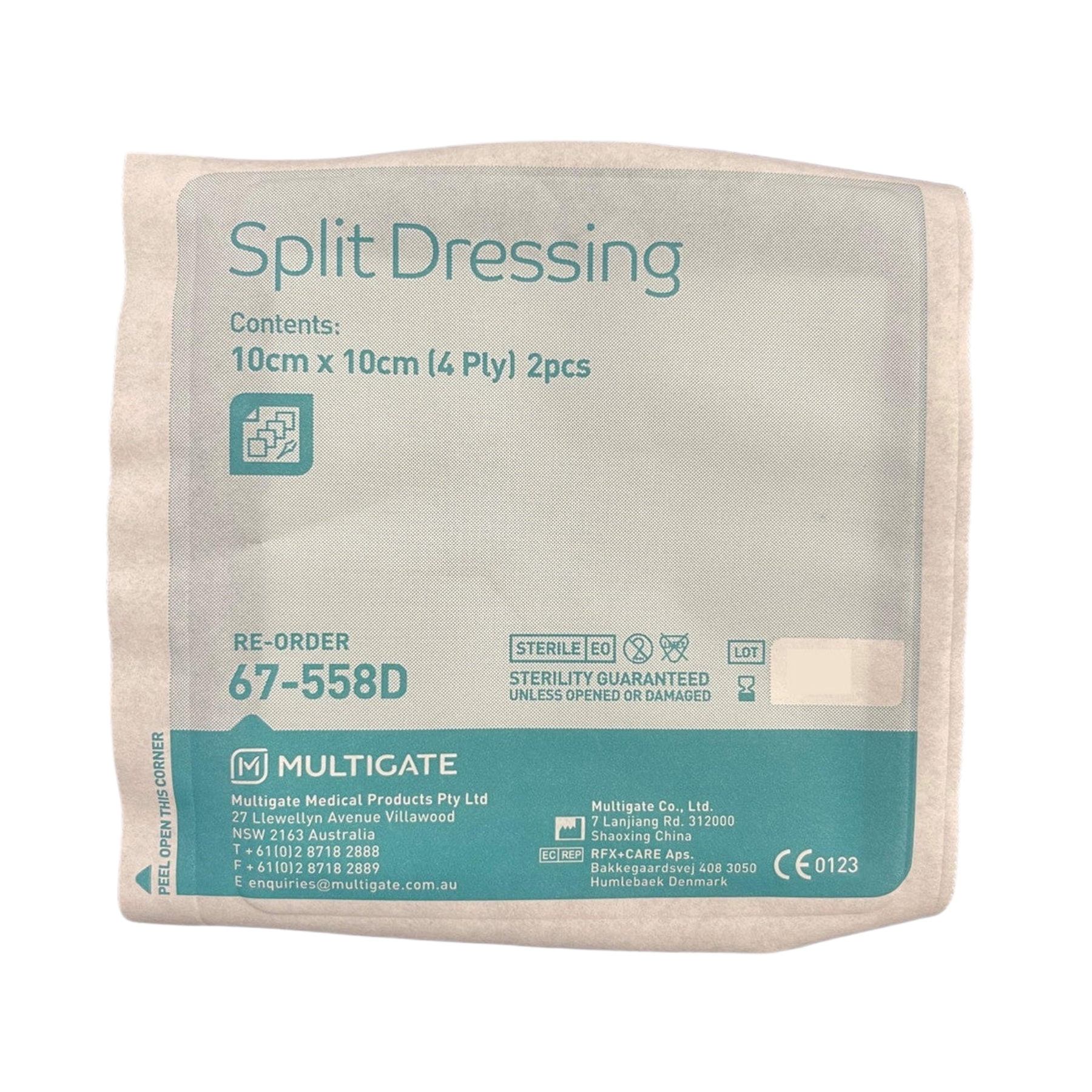 Individual sterile peel-open pouch for Multigate Split Dressing containing two 10cm x 10cm 4-ply pieces.