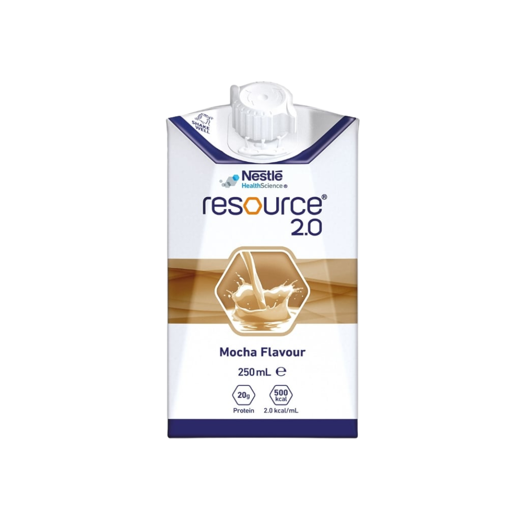A 250ml carton of Nestlé Resource 2.0 Mocha flavor high-protein nutritional supplement.