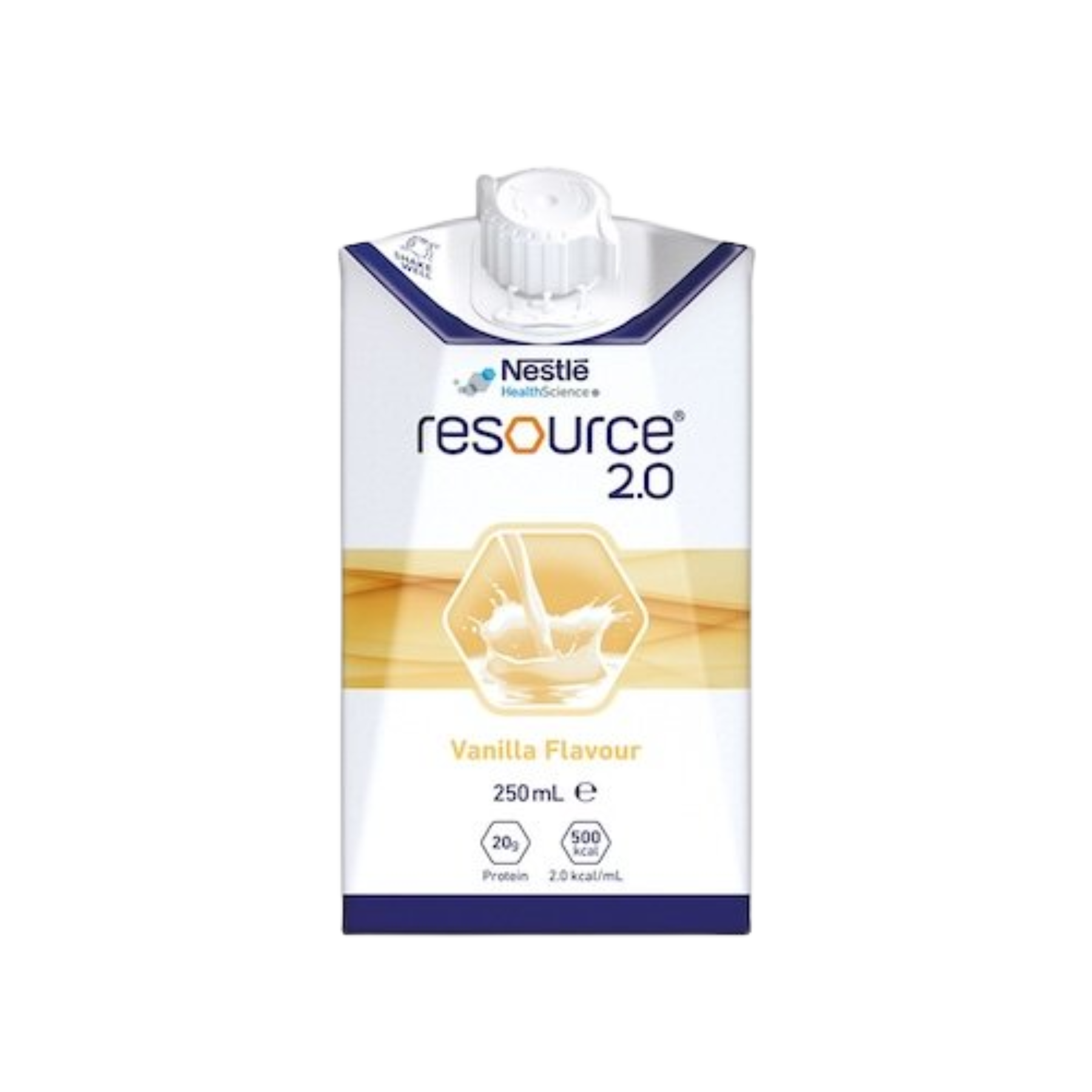 A 250ml carton of Nestlé Resource 2.0 Vanilla flavor featuring 20g of protein and 500 calories.