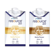 Two cartons of Nestlé Resource 2.0 nutritional drink in Vanilla and Mocha flavors side-by-side.