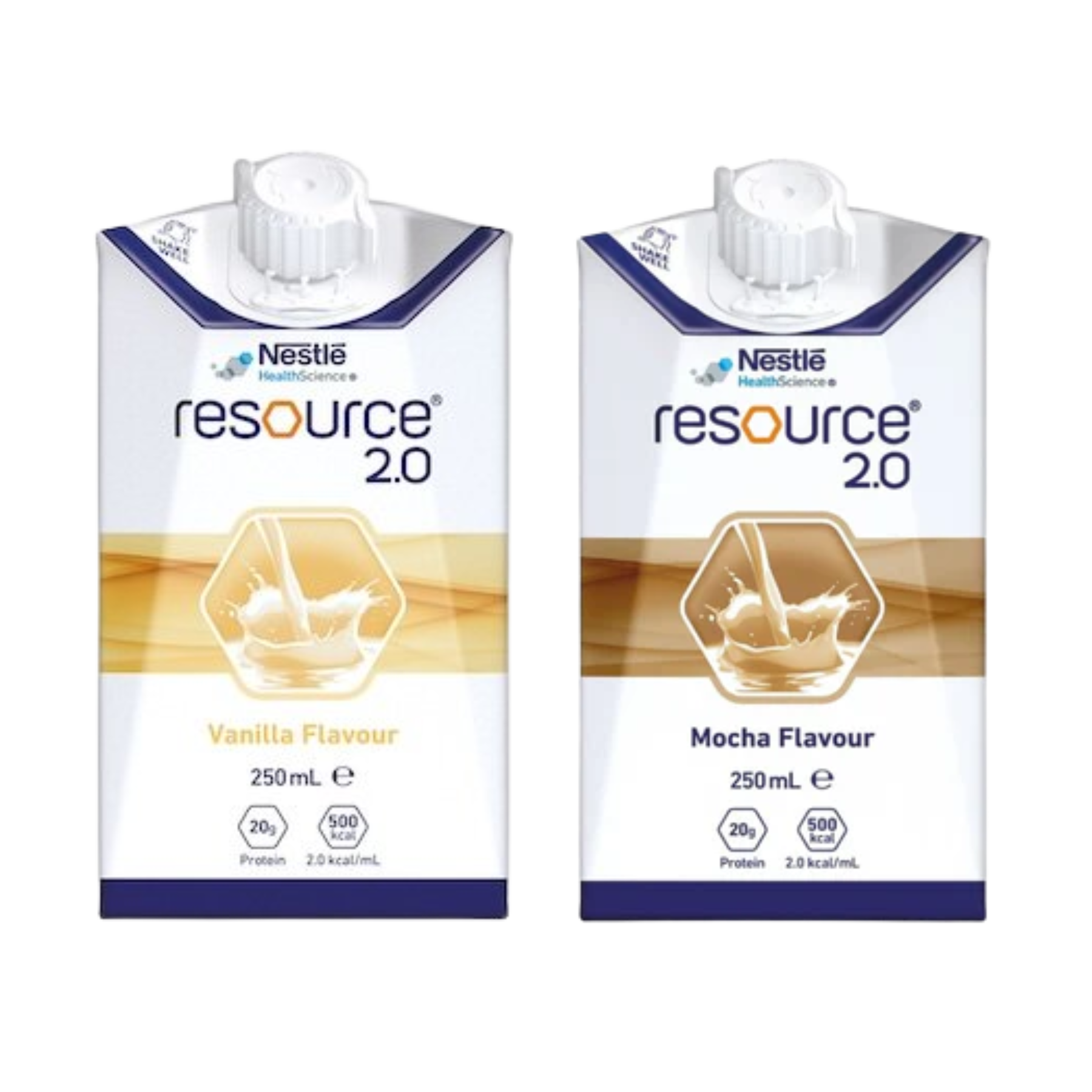 Two cartons of Nestlé Resource 2.0 nutritional drink in Vanilla and Mocha flavors side-by-side.