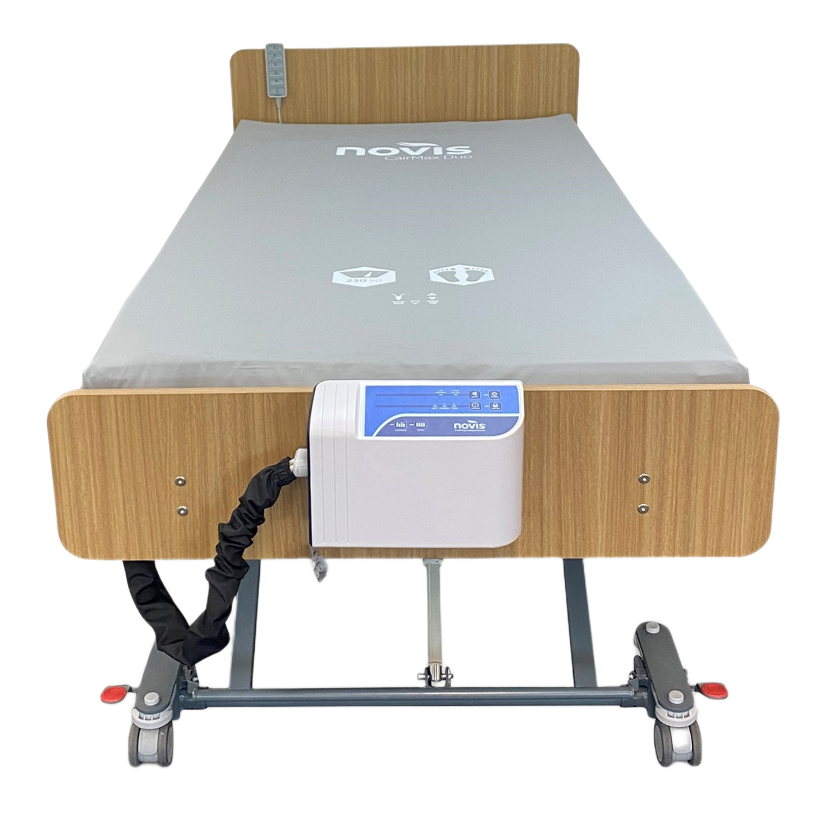 Novis CairMax Duo mattress shown on an articulated medical bed frame in a raised head-of-bed position, demonstrating flexibility and support.