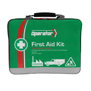 A close-up of the closed, green, softpack carry bag for the Operator Series 5 First Aid Kit. It is labeled as a Workplace Standard kit that complies with the Safe Work Code of Practice, and features icons for a factory, a utility vehicle (ute), and a worker with a warning triangle.