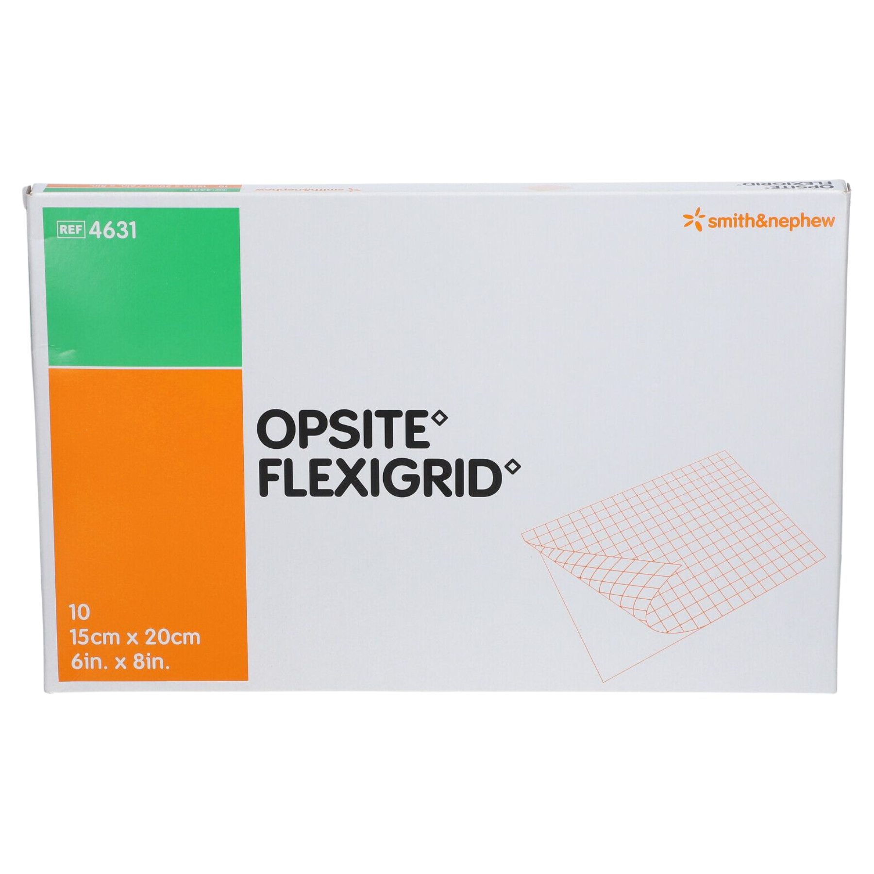 Large 15cm x 20cm box of Smith & Nephew Opsite Flexigrid dressings, highlighting its moisture-vapor permeable and waterproof protection.
