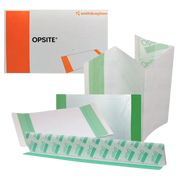 Opsite Incise Drapes shown in various stages of unfolding, highlighting the green application handles and the transparent adhesive film.