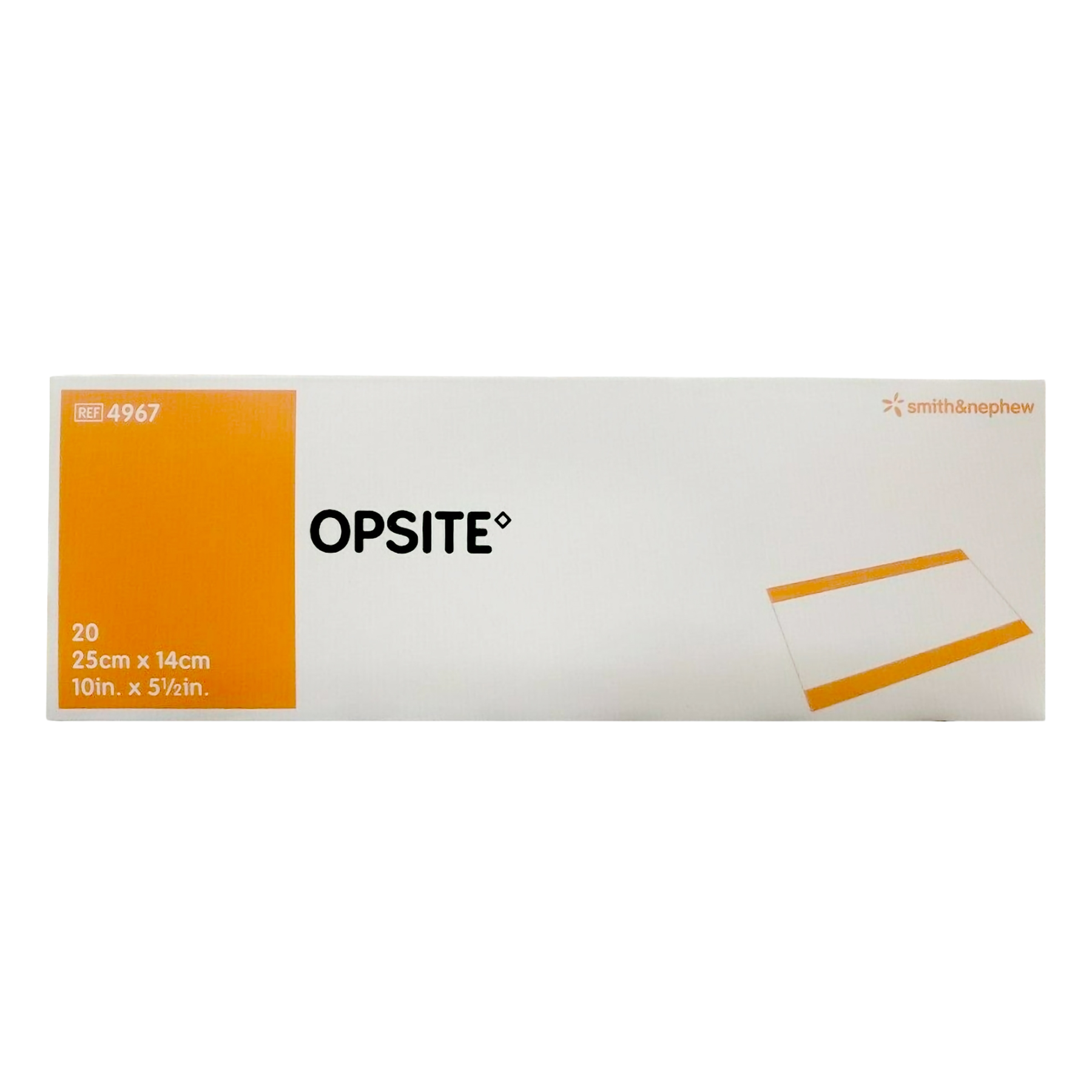 Front view of the Smith & Nephew Opsite packaging, Reference number 4967, containing 20 transparent incise drapes sized 25cm by 14cm.