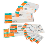A stacked collection of various OPSITE Post-Op dressing boxes and sachets, demonstrating different available sizes from 6.5cm to 25cm
