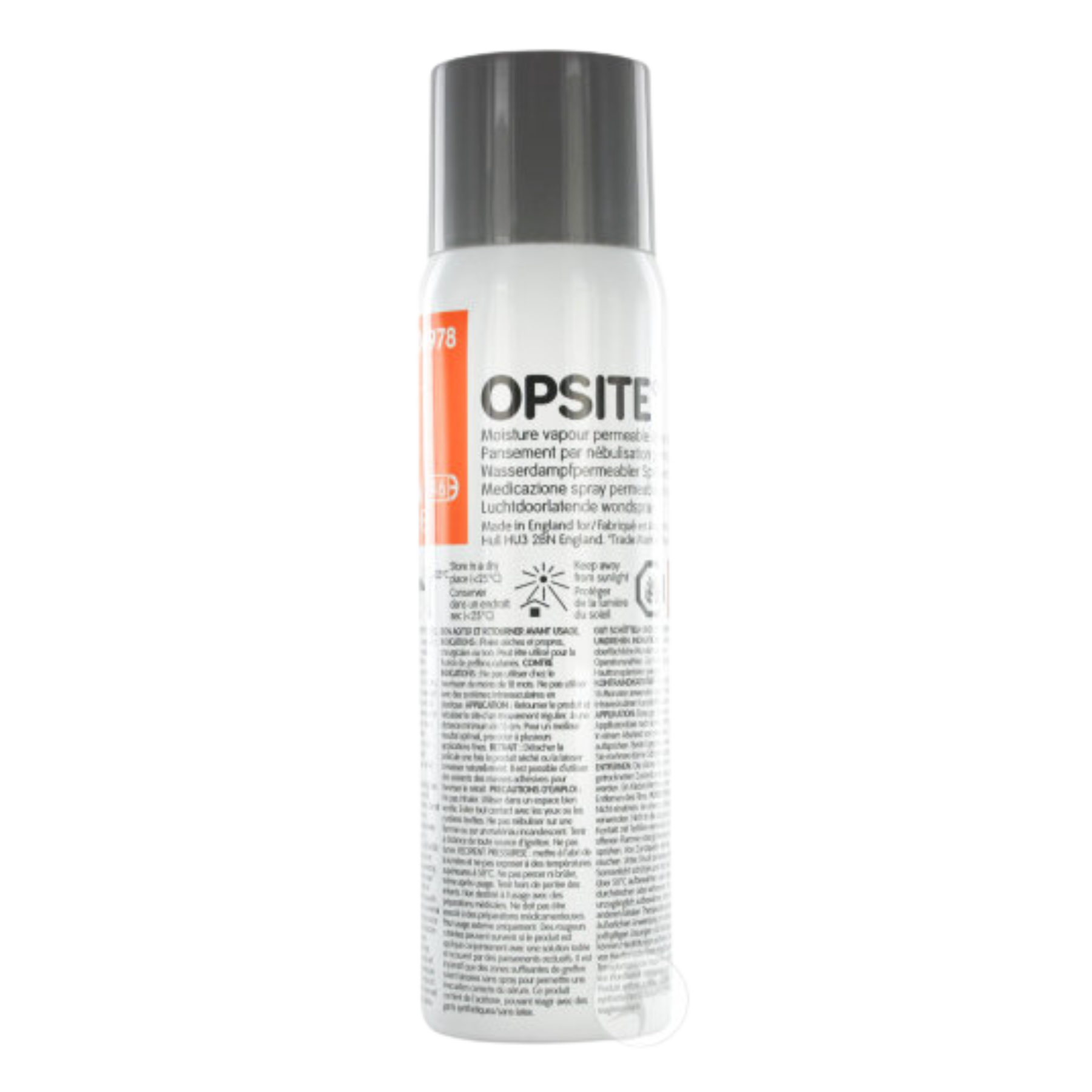 A 100ml bottle of Opsite Spray with a grey cap, highlighting the product name and multilingual descriptions for moisture permeable spray dressing.
