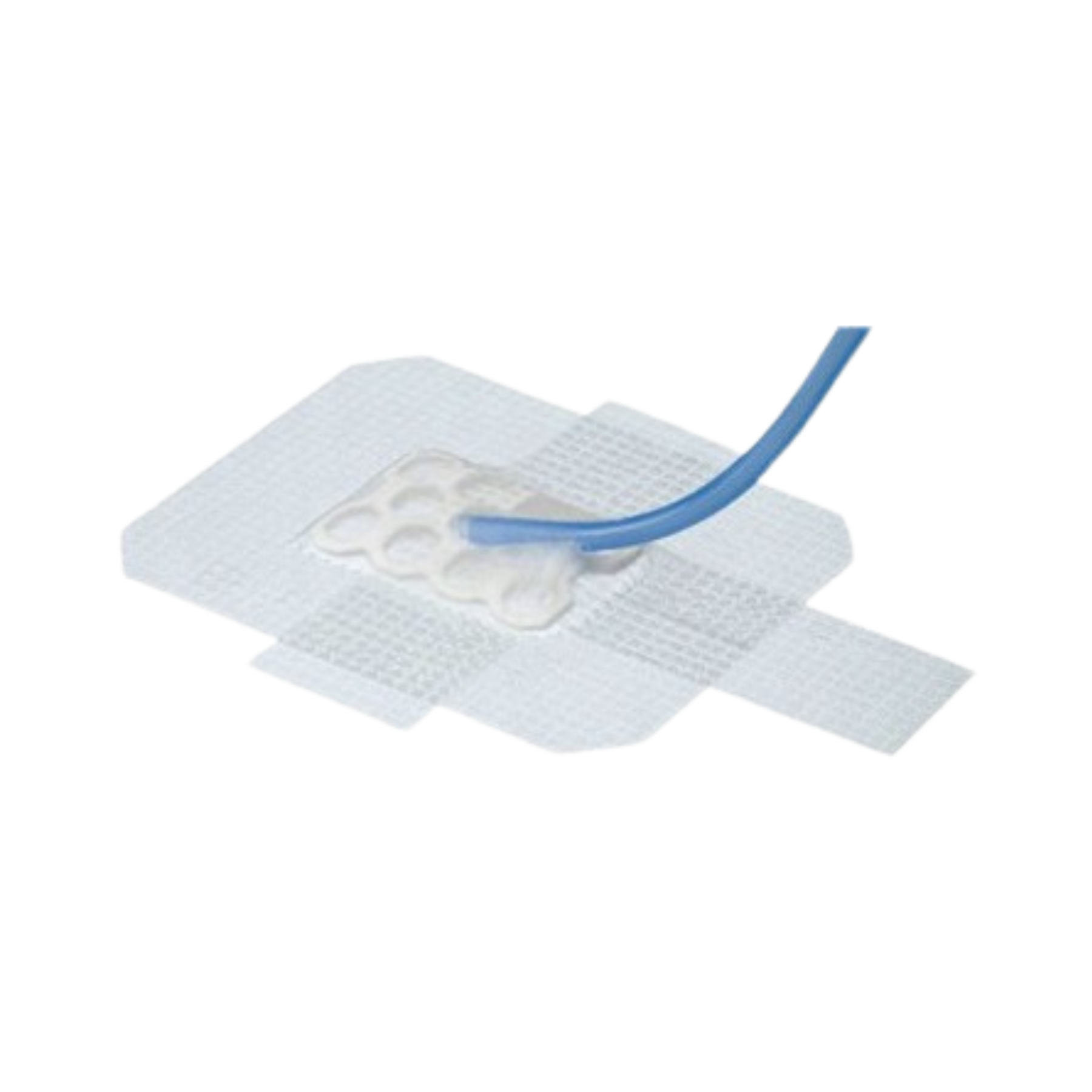 A demonstration of an OPSITE Visible Drain Dressing applied over a blue medical catheter tube, showing the transparent film and honeycomb lattice structure.