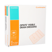 A white box of Smith & Nephew OPSITE Visible Drain Dressings, containing 20 sterile dressings sized 10cm x 9cm (4in x 3.75in).