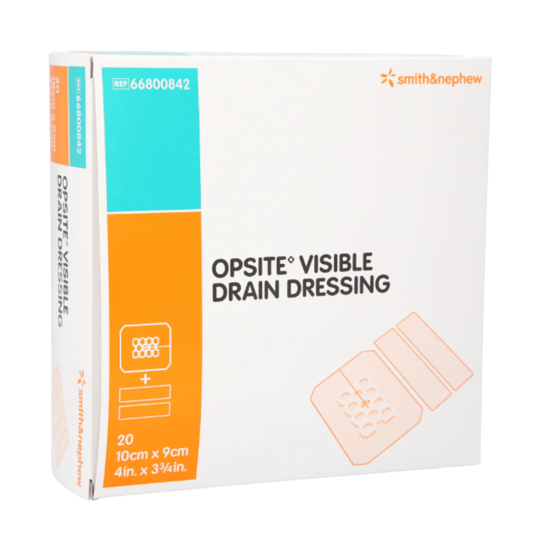A white box of Smith & Nephew OPSITE Visible Drain Dressings, containing 20 sterile dressings sized 10cm x 9cm (4in x 3.75in).