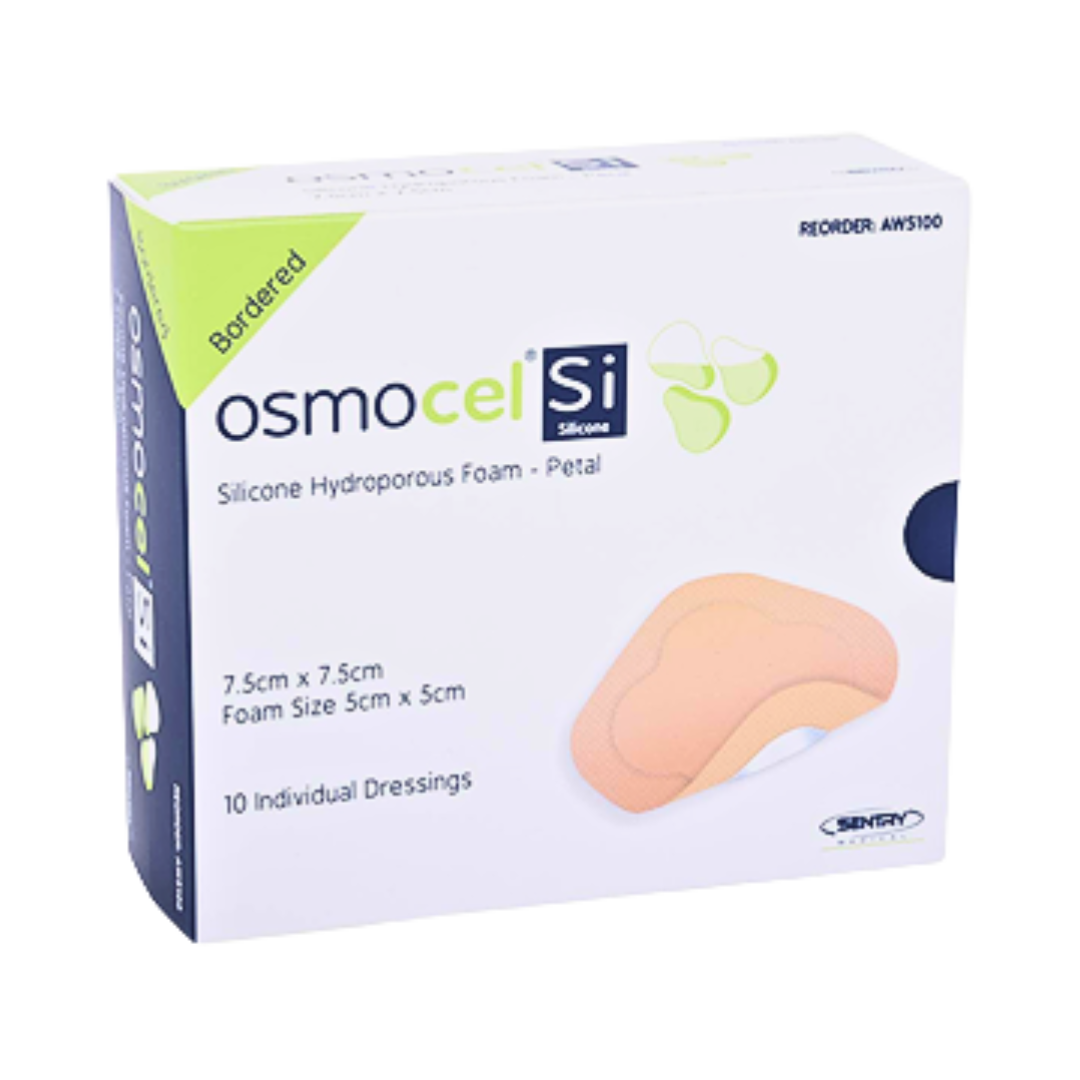 OsmoCel® Si Silicone Hydroporous Foam dressing, bordered, petal shape, size 7.5cm x 7.5cm (foam size 5cm x 5cm). Pack contains 10 individual dressings for secure wound coverage and gentle silicone adhesion.