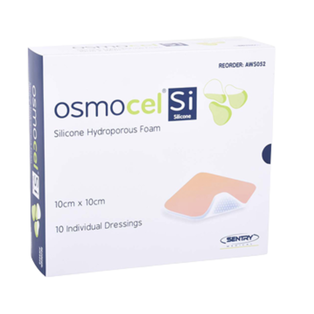 OsmoCel® Si Silicone Hydroporous Foam dressing, non-bordered, size 10cm x 10cm. Includes 10 dressings designed for secure and comfortable wound coverage.
