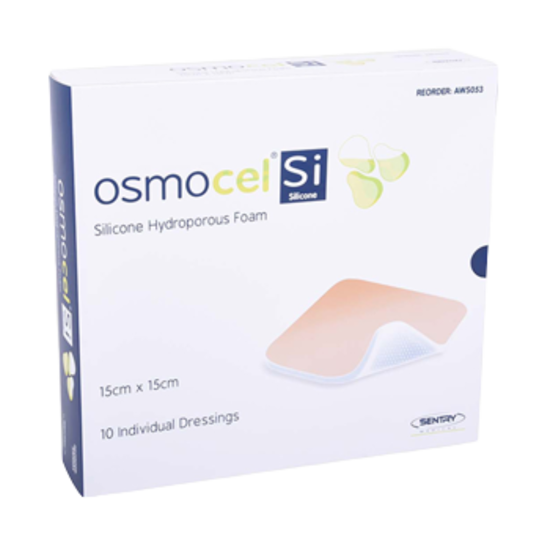 OsmoCel® Si Silicone Hydroporous Foam dressing, non-bordered, size 15cm x 15cm. Pack contains 10 individual dressings for advanced wound care with gentle silicone adhesion.
