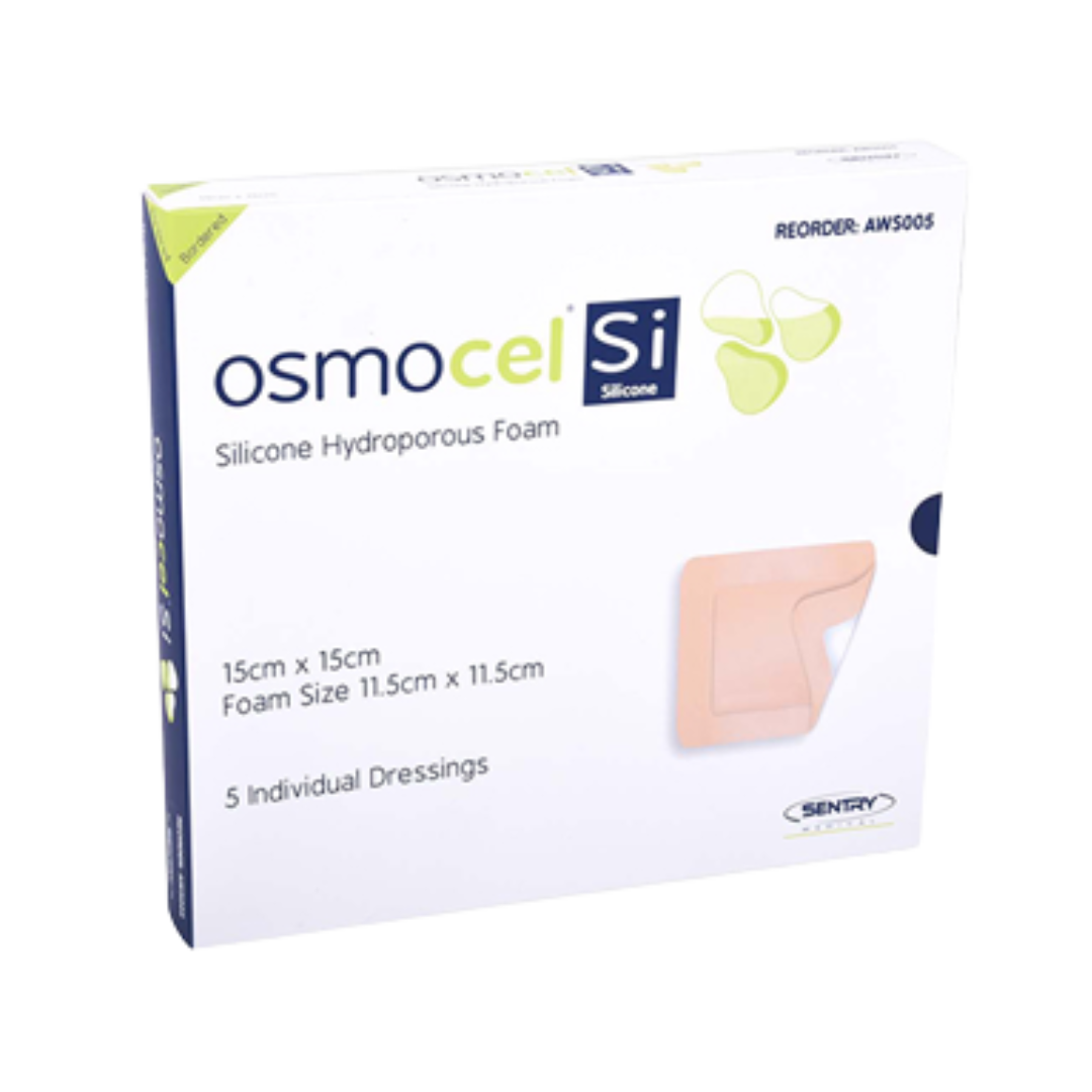 OsmoCel Si Silicone Hydroporous Foam dressing, size 15cm x 15cm (foam size 11.5cm x 11.5cm), displayed in its retail box. Pack includes 5 individual dressings for effective wound management.
