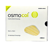 OsmoCol® Hydrocolloid Dressing (Standard), size 10cm x 10cm, shown in retail packaging containing 10 individual dressings for effective wound care.
