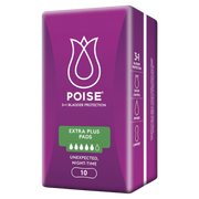 A package of Poise Extra Plus Pads, designed for bladder protection, with a quantity of 10 pads per package.