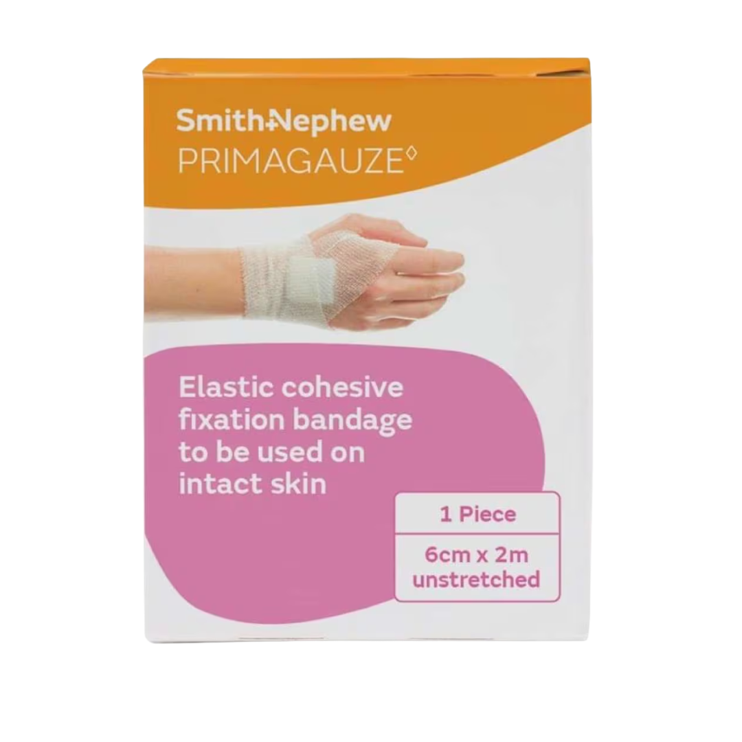 Smith & Nephew Primagauze Elastic Cohesive Fixation Bandage, 6cm x 2m. Box features the bandage applied to a wrist and hand.