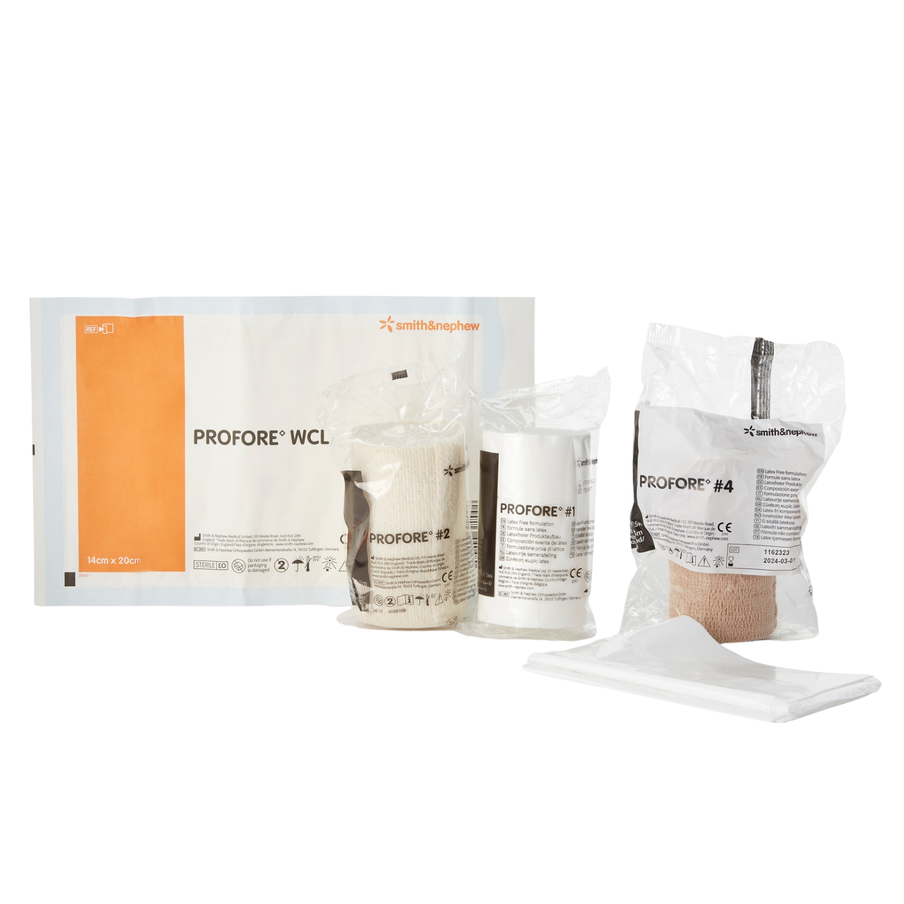 Close-up of PROFORE #1, #2, and #4 bandages in their sterile individual packaging alongside the WCL wound contact layer.