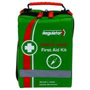 Front view of a green Regulator Remote Work First Aid Kit bag featuring a white cross, red accents, and a durable carrying handle.
