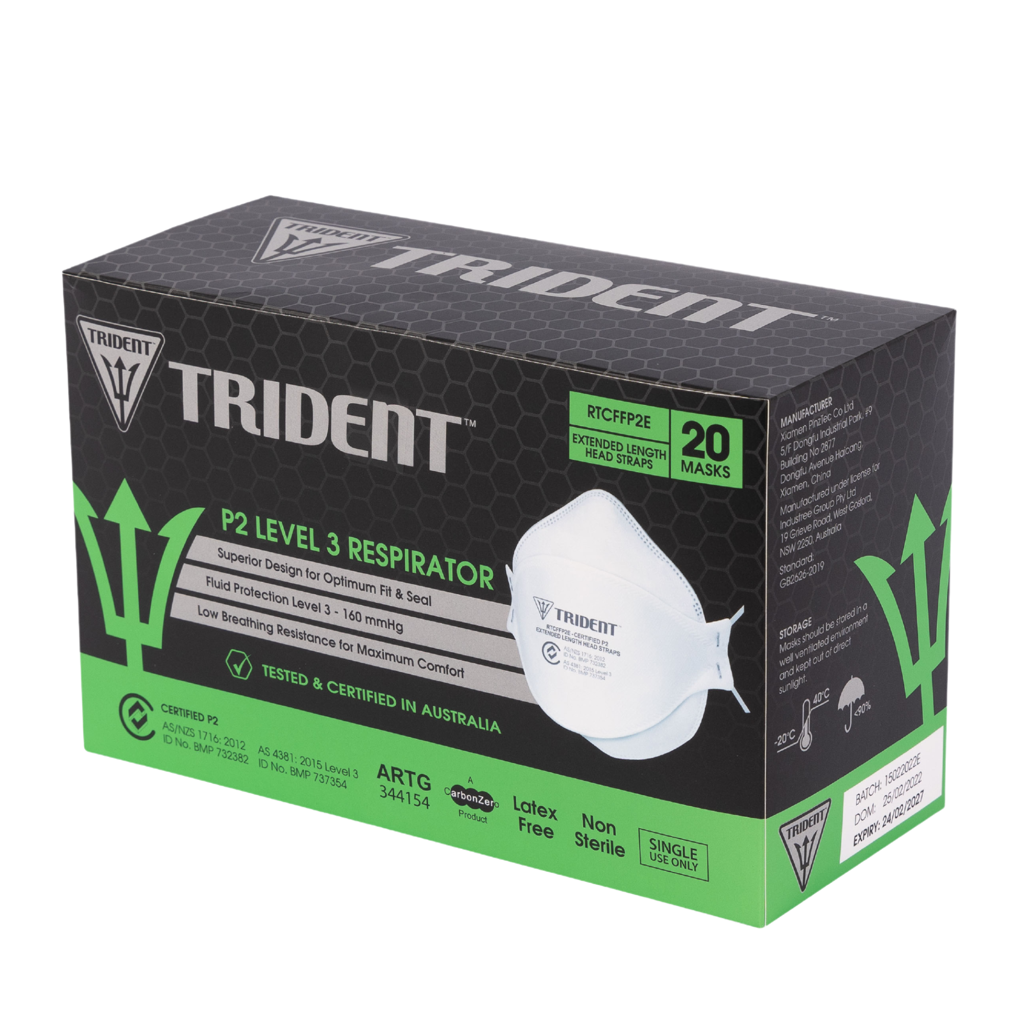 Trident Flat Fold P2 Level 3 Respirator Extended Length Head Straps 20 Units Per Box Surgical