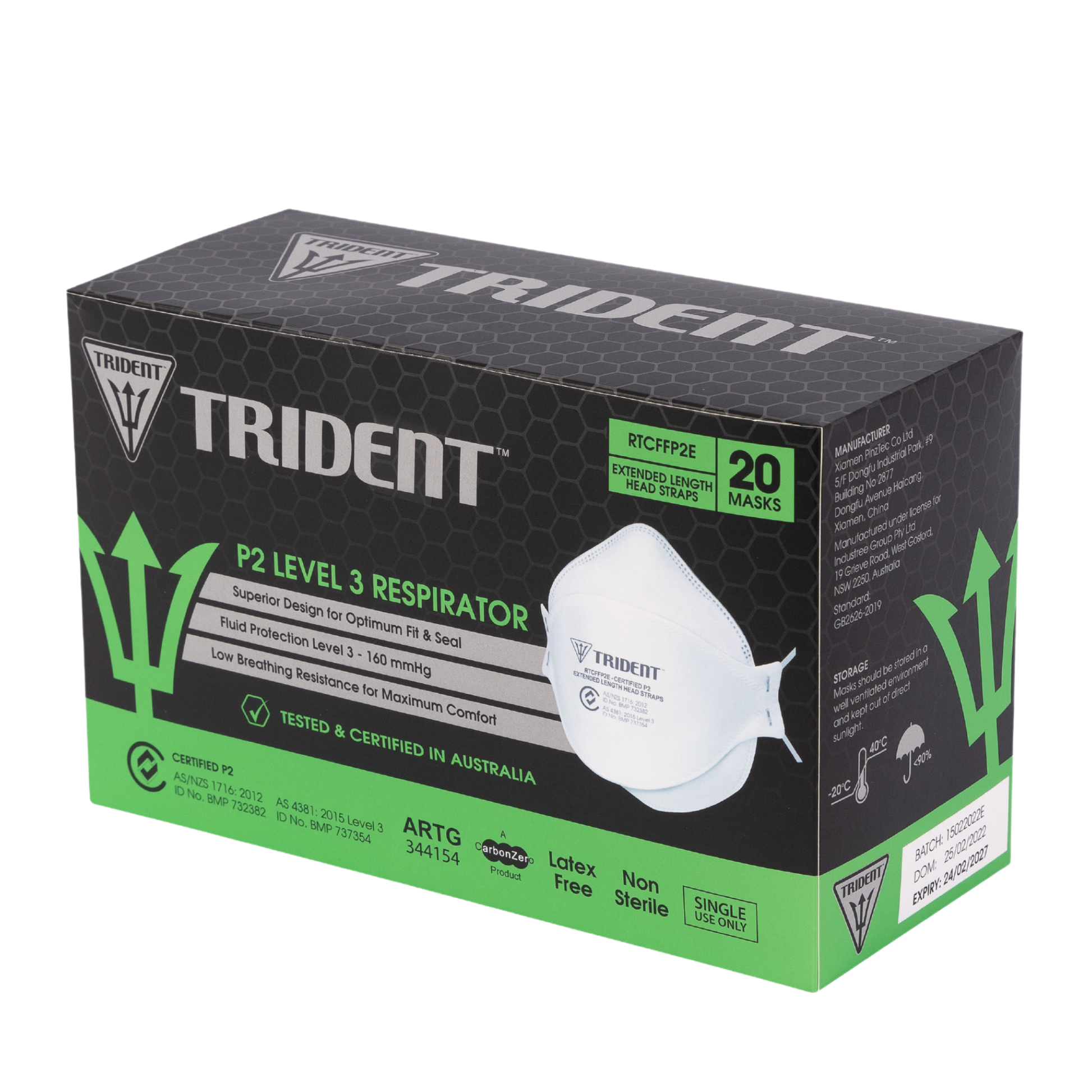 Trident Flat Fold P2 Level 3 Respirator Extended Length Head Straps 20 Units Per Box Surgical