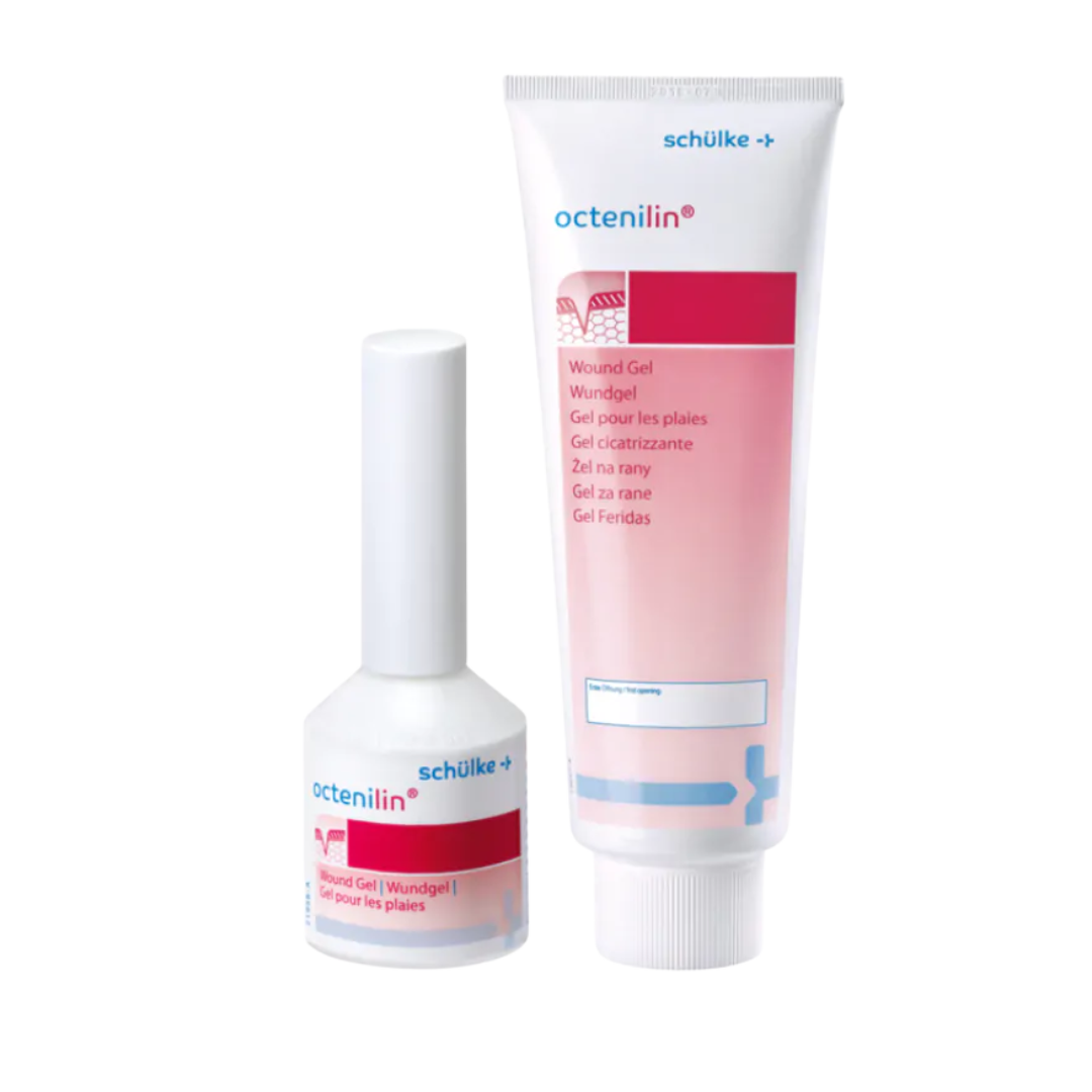 The white tube of Schülke Octenilin Wound Gel displayed next to the small 20mL dropper bottle format.