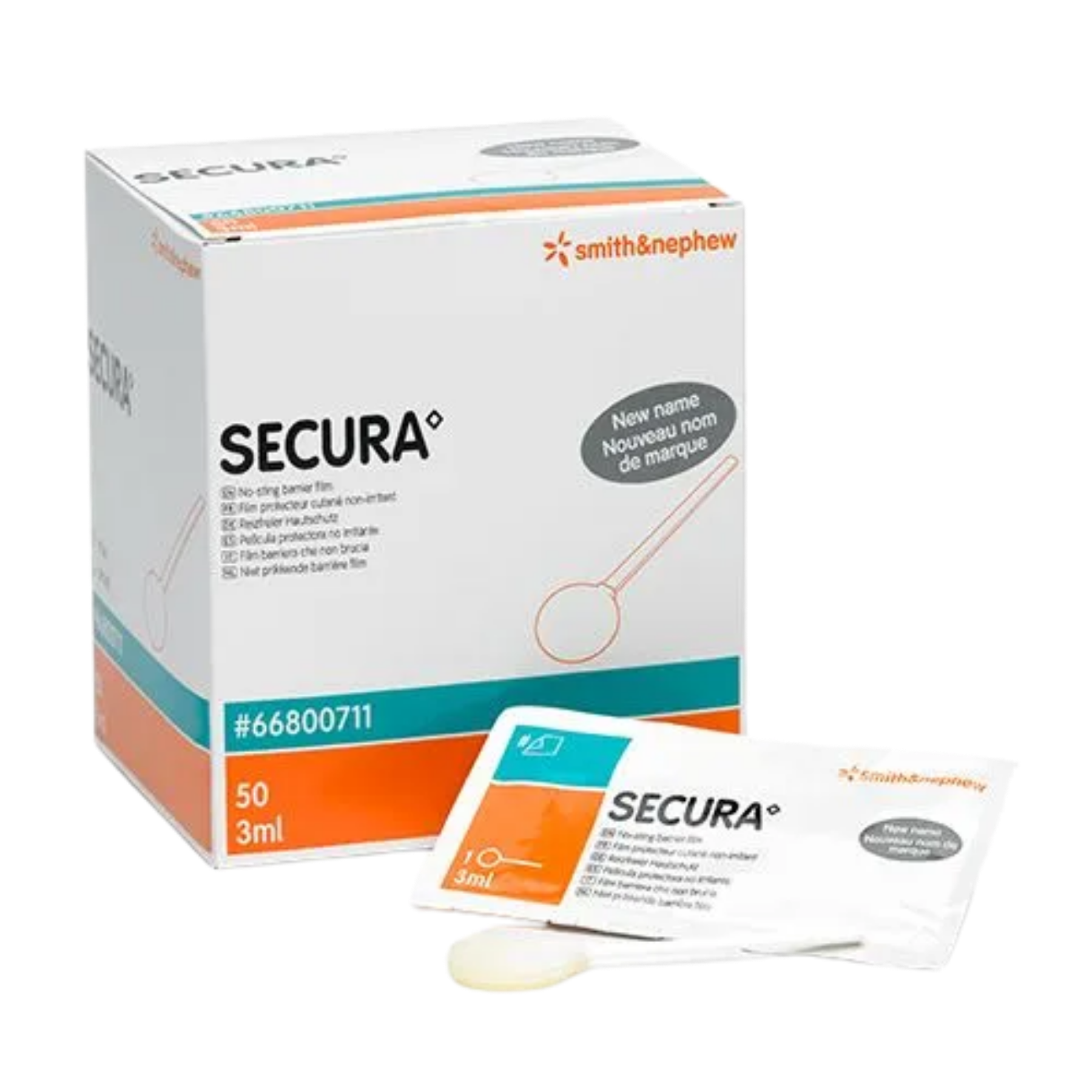 A box of 50 SECURA no-sting barrier film foam applicators (3ml) with an individual sterile sachet and applicator shown in the foreground.