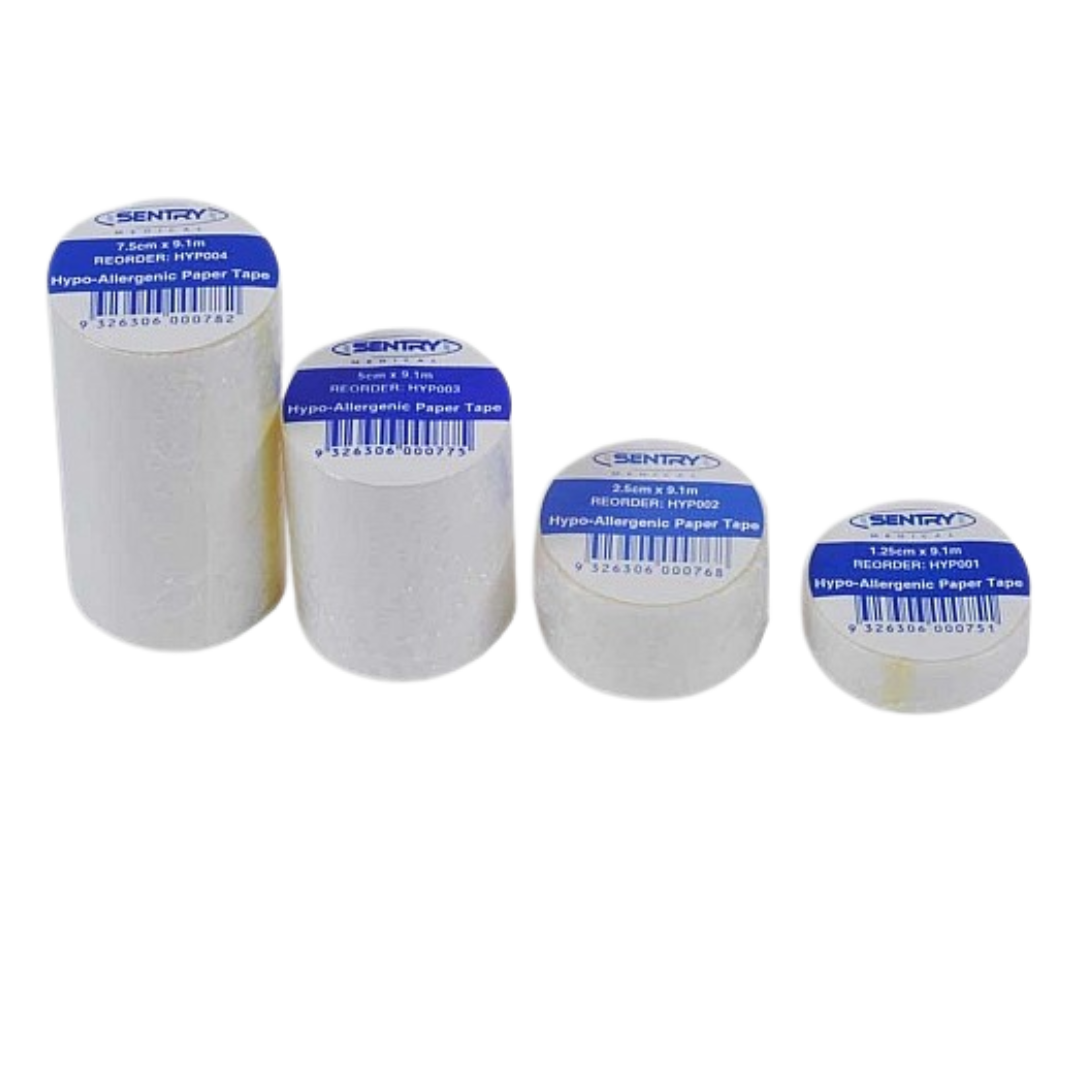 Rolls of Sentry Medical Hypo-Allergenic Paper Tape, shown with product labels and barcodes. Designed for gentle adhesion, ideal for sensitive skin and secure dressing fixation.
