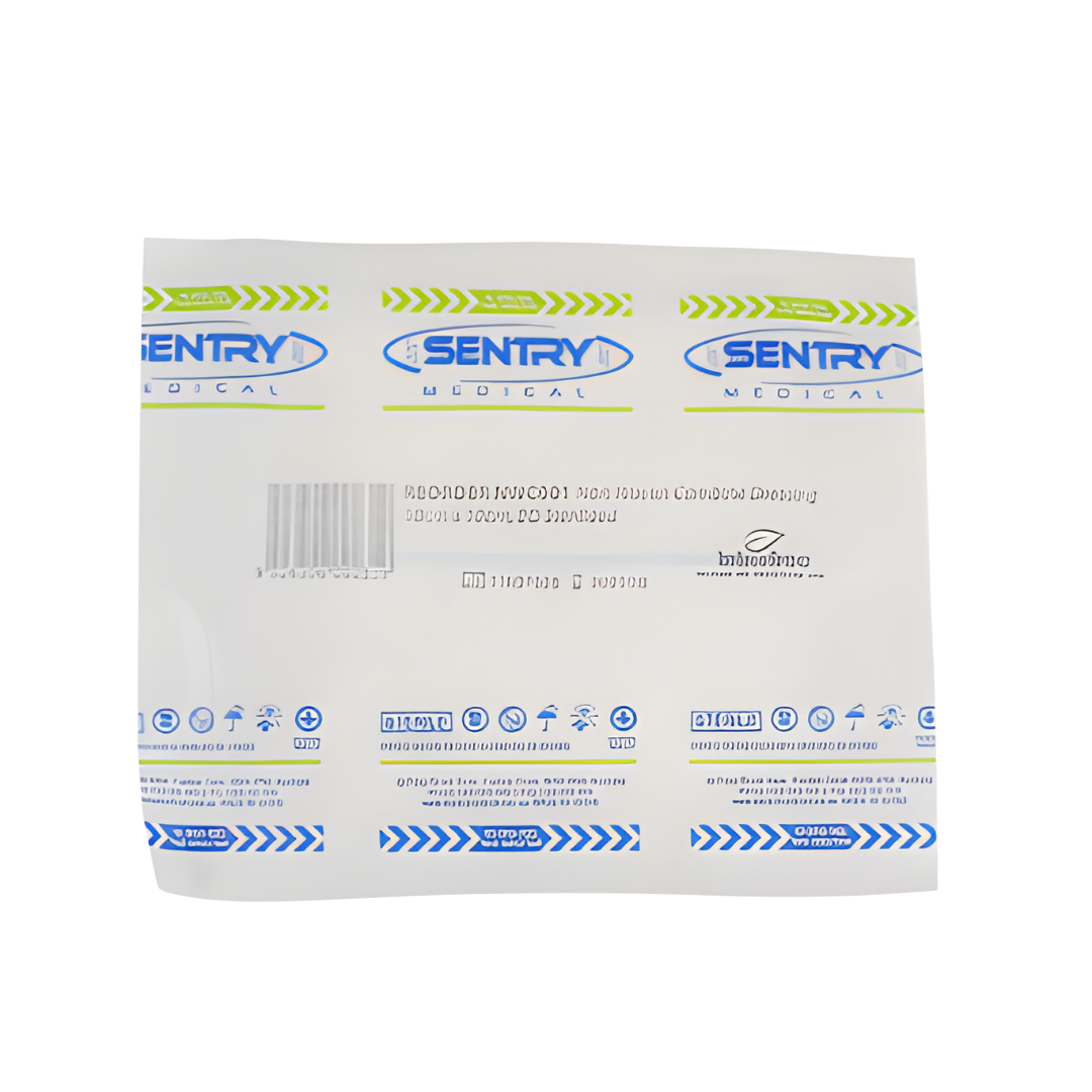 Image of the official Sentry Medical Non-Woven Combine Dressing packaging, displaying branding, sterile indicators, barcode, and product specifications for medical use.
