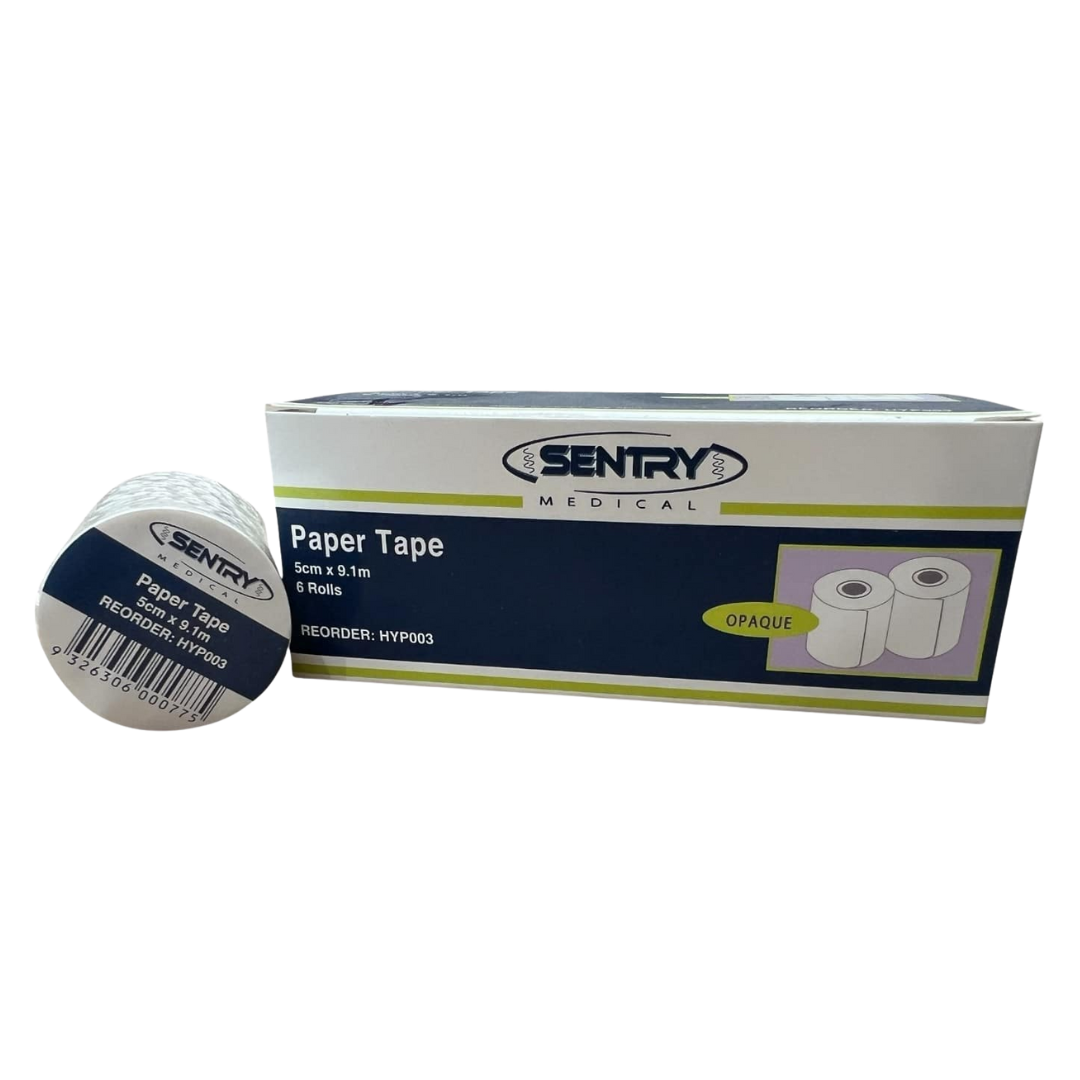 Sentry Medical Paper Tape set including one roll (size 5cm x 9.1m) displayed alongside the original packaging box containing 6 rolls. Designed for gentle adhesion and secure dressing fixation.
