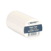 Sentry Medical Paper Tape roll, size 7.5cm x 9.1m, shown with product label and barcode. Designed for gentle adhesion, ideal for securing dressings and medical applications.
