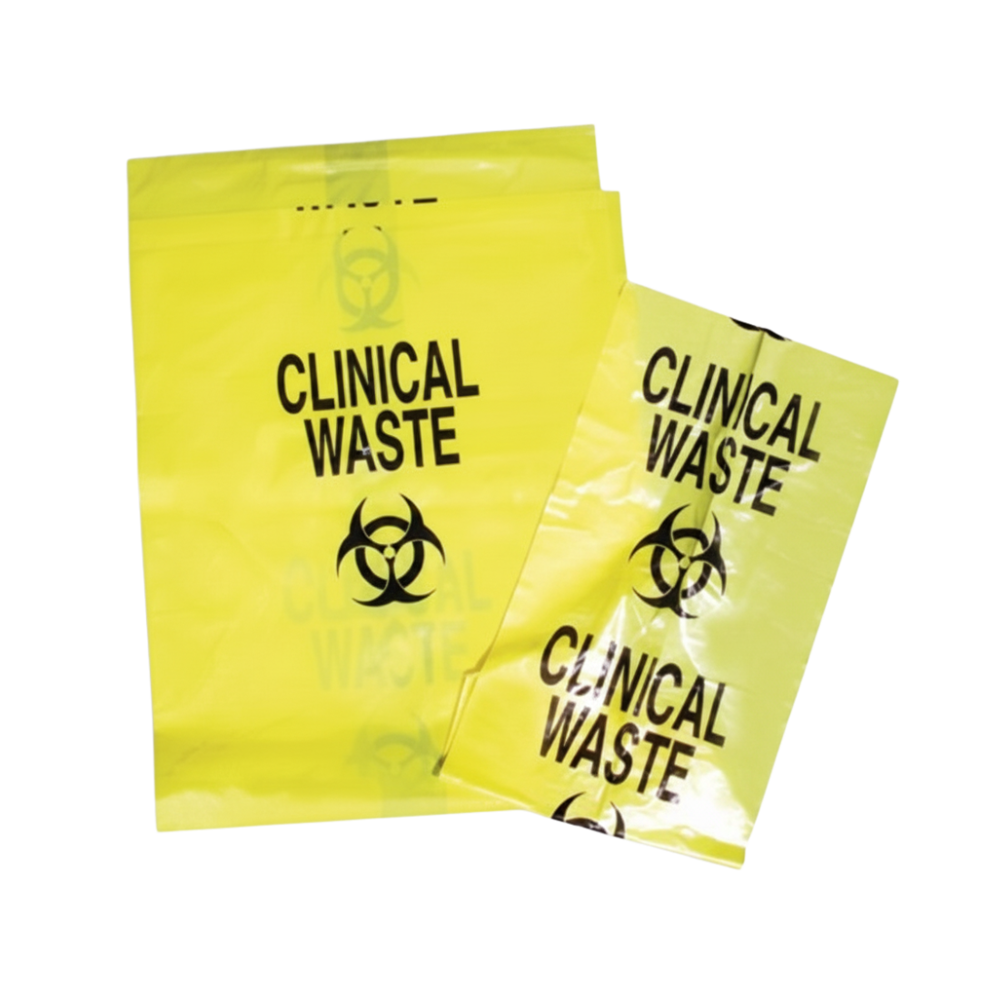 Two yellow clinical waste disposal bags with black biohazard symbols and text "Clinical Waste," used for hazardous waste management in hospitals and clinics.
