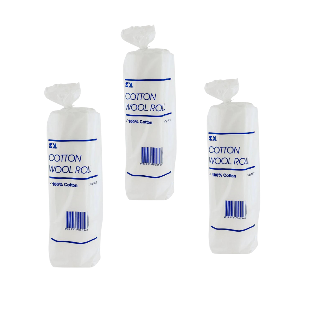 S+M Cotton Wool Rolls, 375g each, 100% cotton, white packaging with blue text and barcode