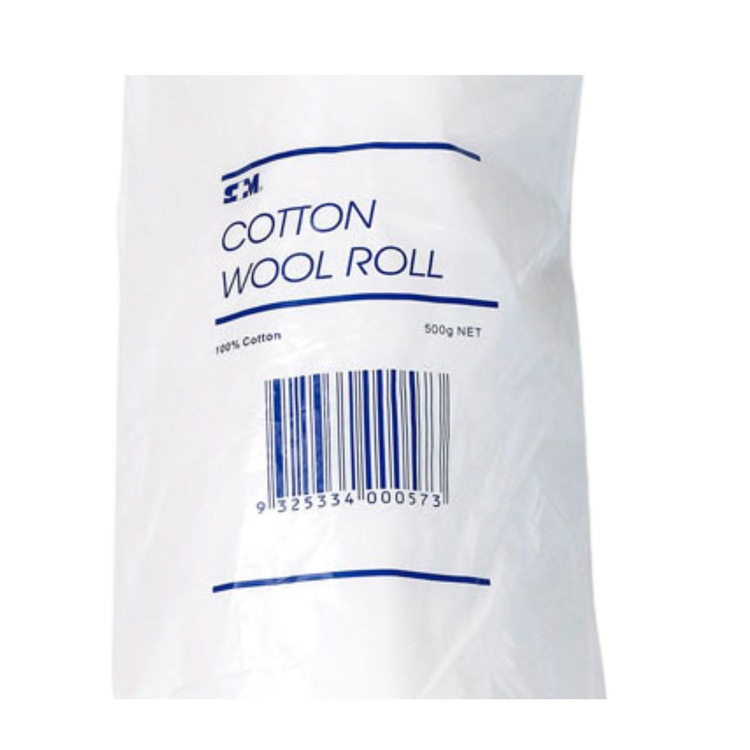 Single S+M Cotton Wool Roll, 500g, 100% cotton, white packaging with blue text and barcode